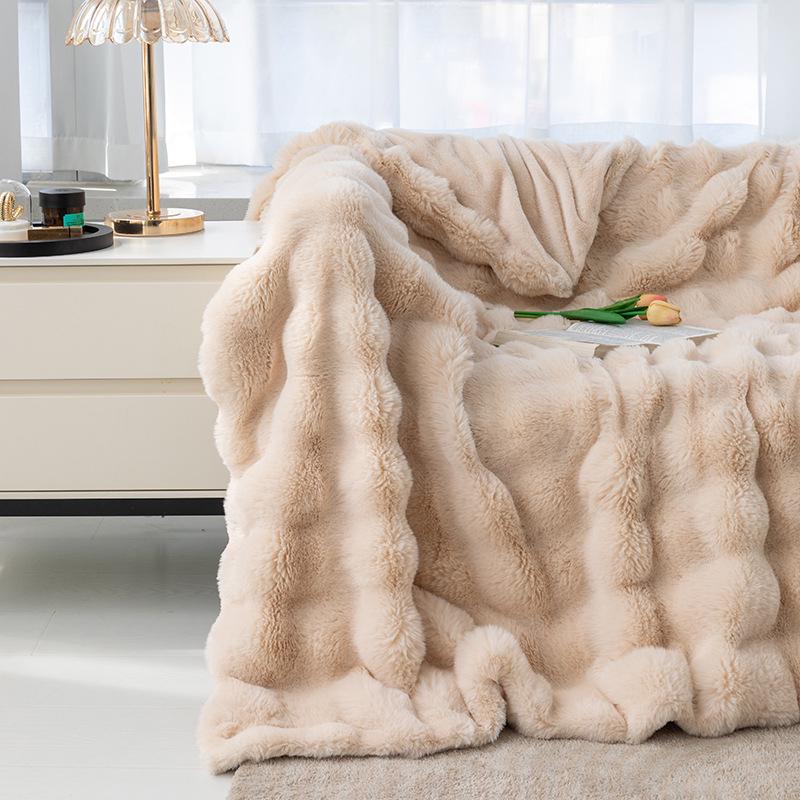 Tuscany Bubble Rabbit Fur Flannel Nap Blanket - Cozy Four-Season Coral Fleece Cover