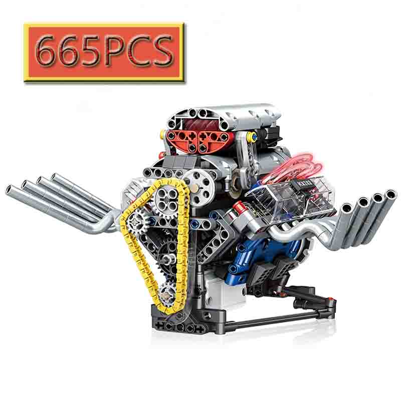 Moc 665Pcs Creative Electric Rc App Control V8 Engine Led Assembly Building Blocks Diy Children'S Puzzle Toy Birthday Gift