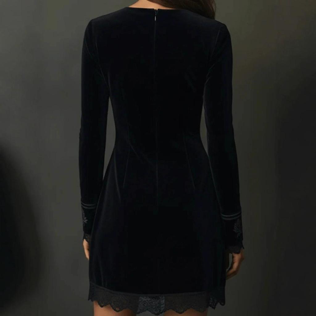 Retro Velvet Embroidered Lace Trim V-neck Long Sleeve Mini Dress (2025 Collection)