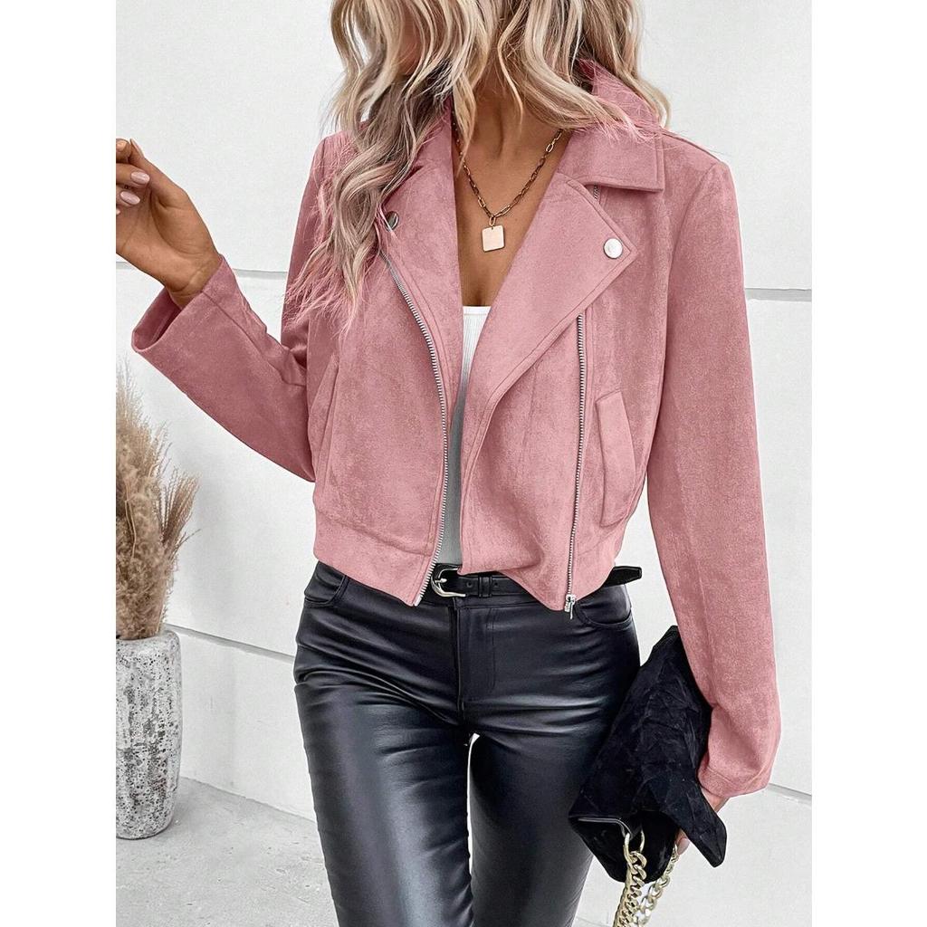 New Winter Women's Slim Short Lapel Zipper Jacket Faux Suede Outerwear for Europe and America