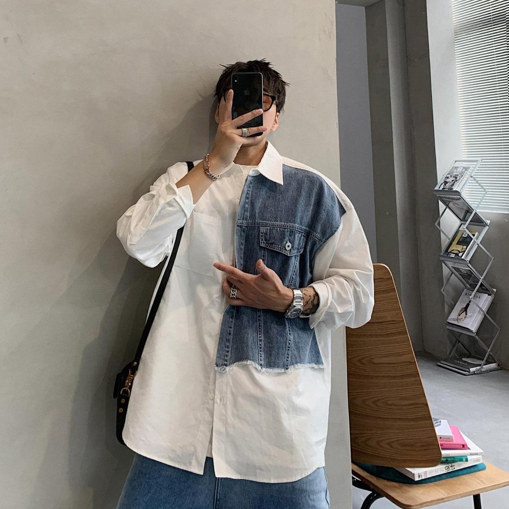 Herren Frühling und Herbst Locker Persönlichkeit Langarmhemd Design Farbkollision Spleißen Jeanshemd