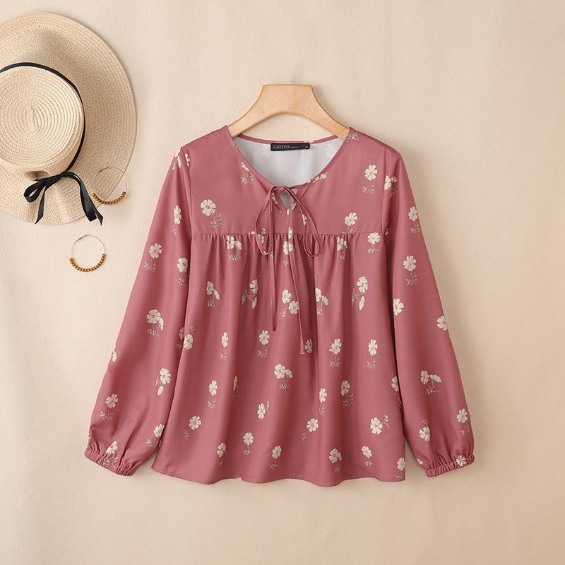 ZANZEA Women Casual Round Neck Floral Print Loose Long Sleeve Blouse