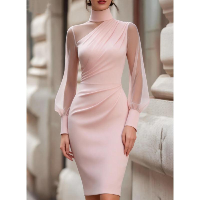 PEYWOW Women's Fashion Spring Autumn High Neck Long Sleeve Solid Color Print Casual Dresses