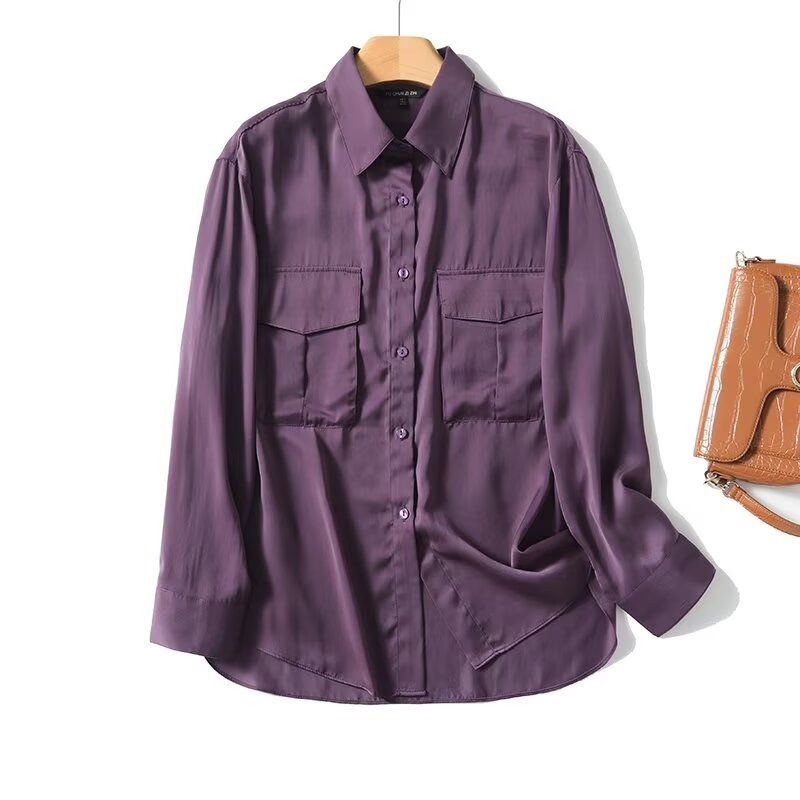 MD Women's French Style Young Commute Style Fancy Purple Silk Satin Texture Long Sleeves Shirt 05196670611