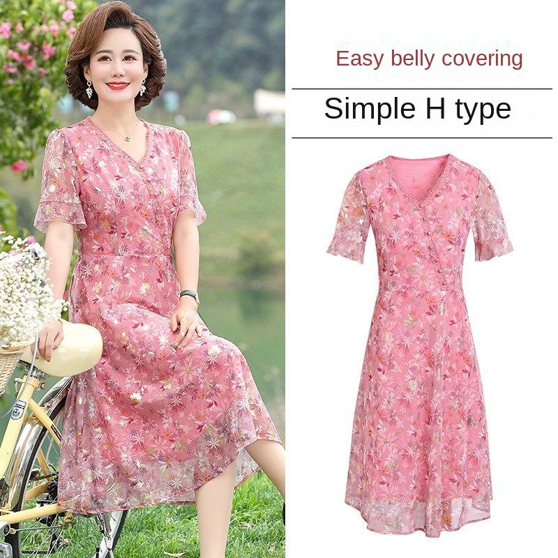 Frauen Sommer Casual Kleid Damen Mittleren Alters Print Kurzarm Plissee Kleider Weibliche Vintage V-Ausschnitt Vestidos