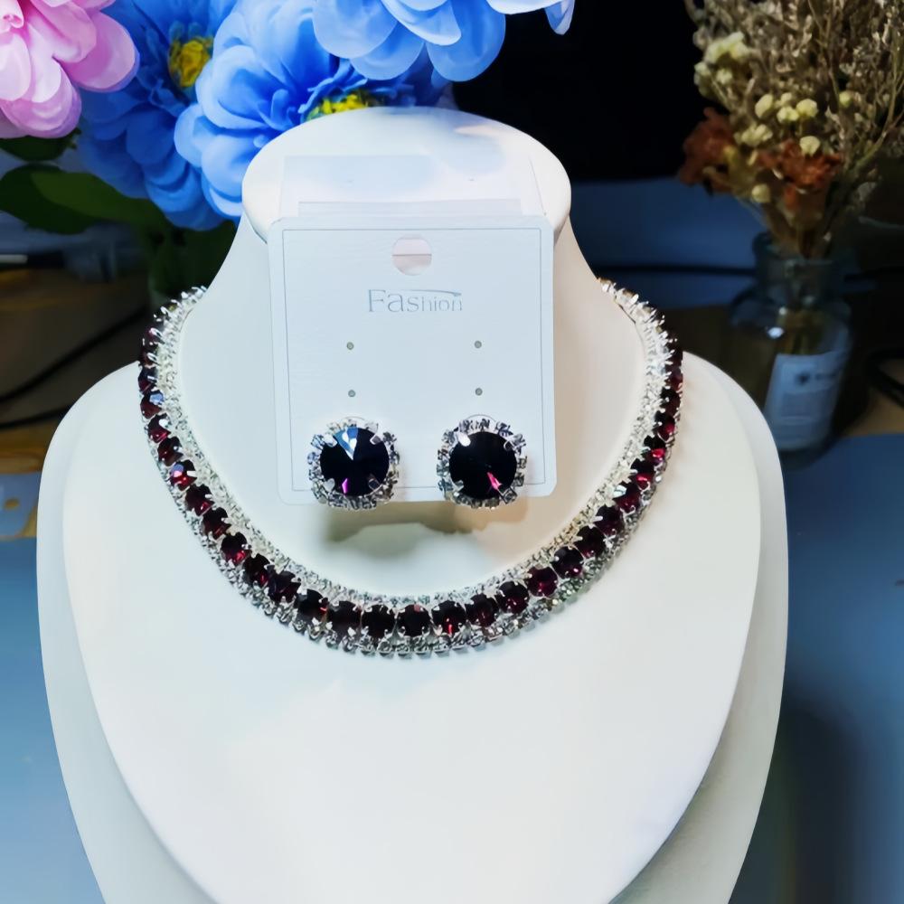 Diamond-Encrusted Square Stud Earrings Necklace Two-Piece Set Trendy High-End Elegant Earrings Niche Versatile Suit Women