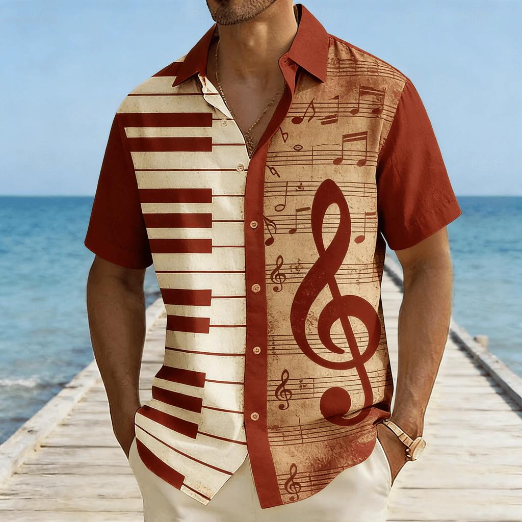 Music Lover's Short Sleeve Shirt with Piano Key & Note Print, Casual Summer Essential
