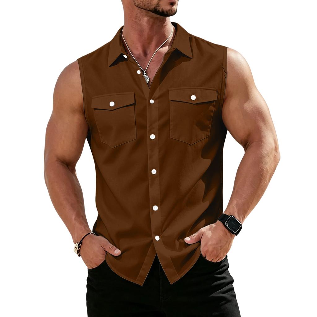 Men's Workwear Lapel Button-Down Vest Shirt - Lightweight Sleeveless Top