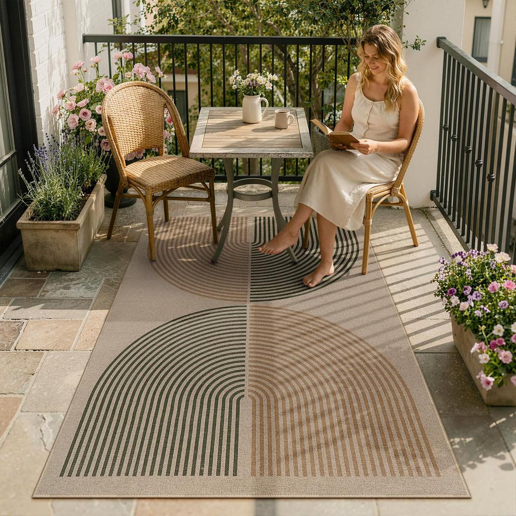 Warmer Nordischer Läufer Teppich Braun Beige Halbkreis Linienmuster Teppich Rutschfeste Fußmatte für Wohnzimmer Schlafzimmer