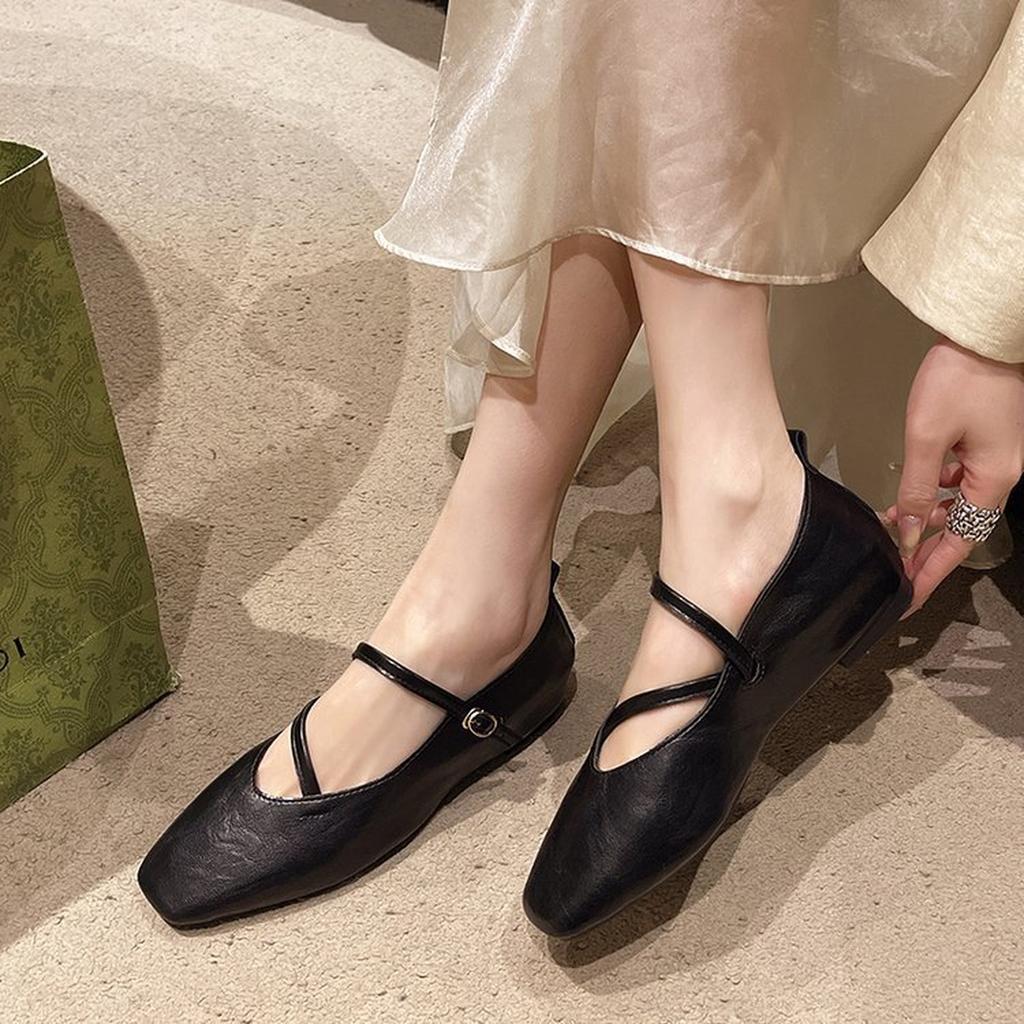 Damen Klassische Leder Square Toe Ballerinas Modische Schnalle Lässige Ballerinas Bequeme Geschlossene Zehe Arbeit Kleiderschuhe