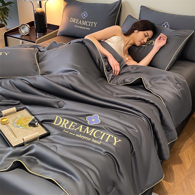 Class A Ice Silk Summer Quilt Set - Cooling, Water Washable, Embroidered, Air Conditioning Friendly, Thin Quilt for Naked Sleep