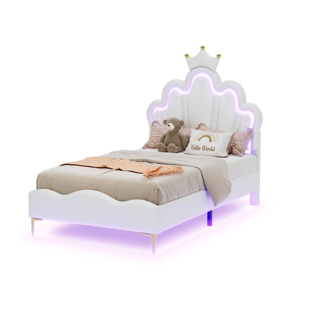 Letto Matrimoniale Piatto 90*200cm, Letto Principessa a Forma di Corona, Rivestimento Morbido in Ecopelle PU, Striscia LED Ambientale Regolabile, Bianco