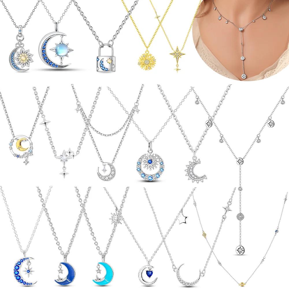 Authentic copper Necklaces Starry Sky Pendant Blue Zircon Moon Star Shape Heart Necklaces Women Jewellery Classical Anniversary Gift
