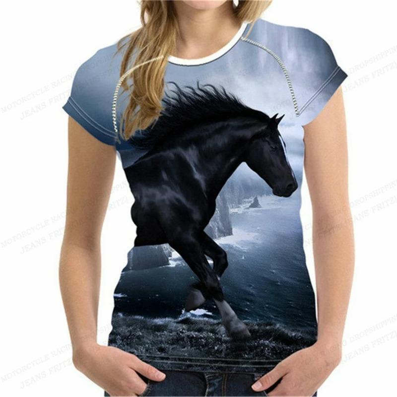 Modny damski t-shirt z nadrukiem 3D z koniem, letni, żywy, oversize, z okrągłym dekoltem, z krótkim rękawem, top, t-shirt, ubrania ze zwierzętami, t-shirt dla dziewczyny
