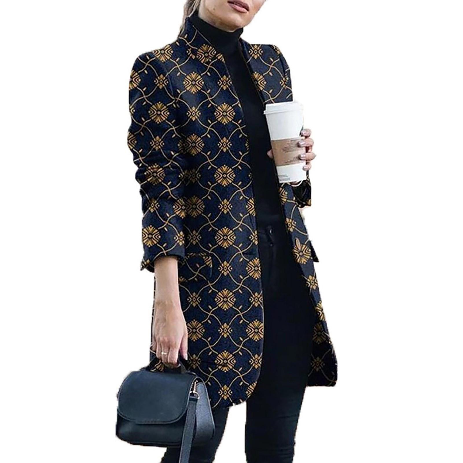 

Женская мода с принтом, повседневное твидовое свободное пальто с клетчатым воротником, верхняя одежда XL тёмно-синий