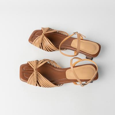 French Woven Hollow Holiday Sandals Women's Low Heel Comfortable Word with Square Head Temperament High Heels