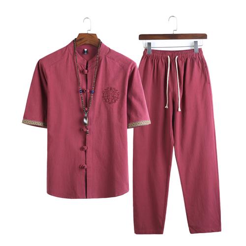 Mens Linen Sets Summer Men Streetwear Jogger Shirts+Long Pants Male 2 Pieces Hanfu Tracksuit Tang Suit