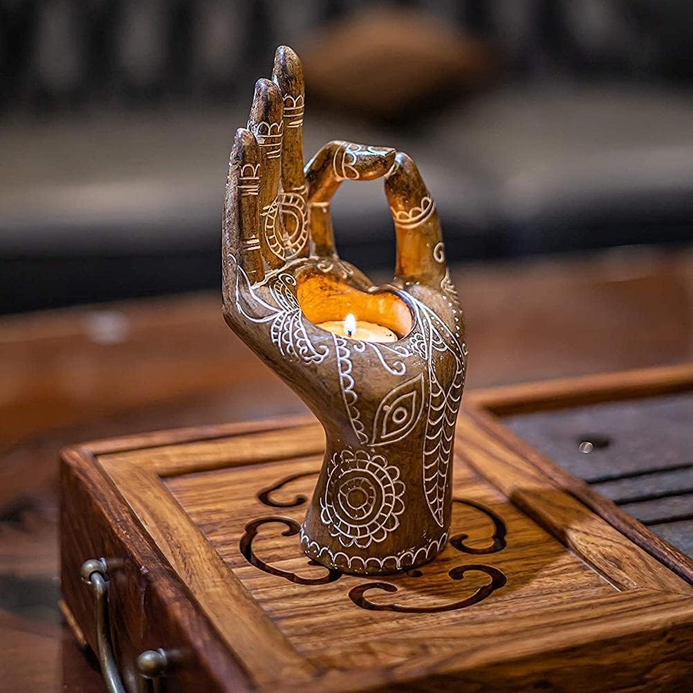 Hztyyier Buddha Yoga Candle Holder Carved Gesture Candlestick Hand Tabletop Tealight Desktop Candle Decor