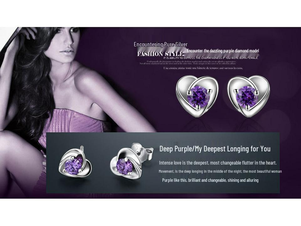 Purple Heart Diamond Stud Earrings – 925 Silver Needle, Fashion Sweet Style for Females and Students