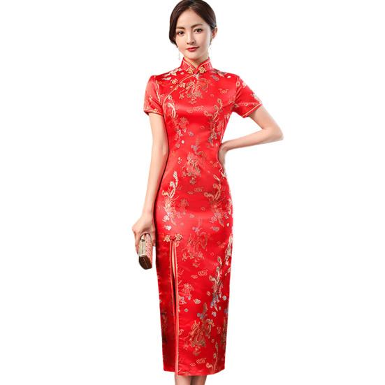 Printed Cheongsam Mid-Calf Length Waist Tight Close-fitting Woman Dragon Phoenix Pattern Elegant Split Dress
