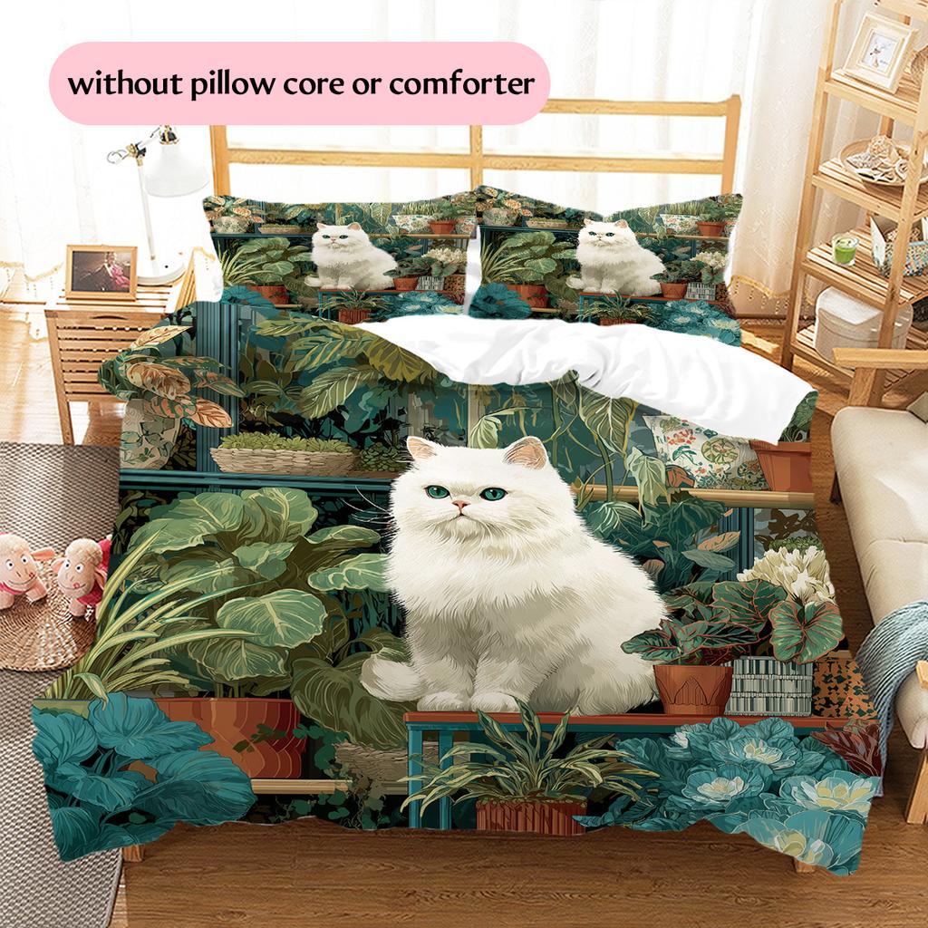 Plant Cat  Pattern Bedding Quilt Set  Home Decoration  Gift (1 * duvet cover + 2 * pillowcase, without core)