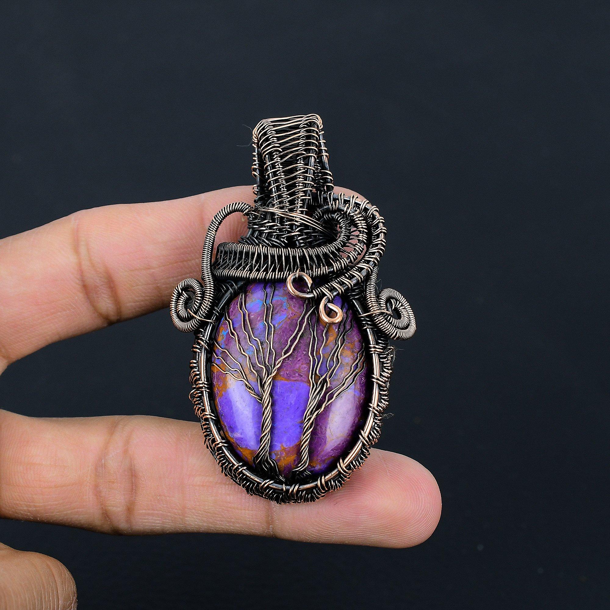 

Double Tree of Life Purple Turquoise Pendant, 999 Copper Wire Wrapped Jewelry, Gemstone Jewelry Pendant, Handmade Wedding Gift Jewelry 2.55 Inches
