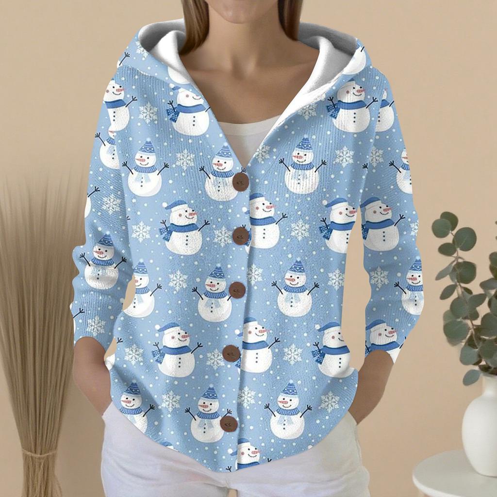 Women's Fashion Casual Sweater Button-Up Print Cardigan  Hooded Jacket