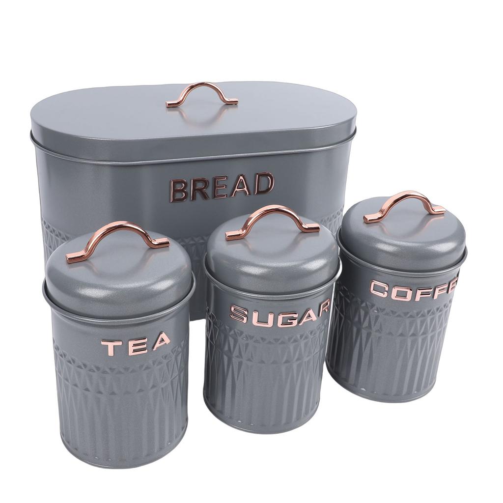 Set da 4 pezzi: Porta pane e barattoli in ferro per cucina, Caffè, Tè, Zucchero, Porta pane in metallo per piano di lavoro