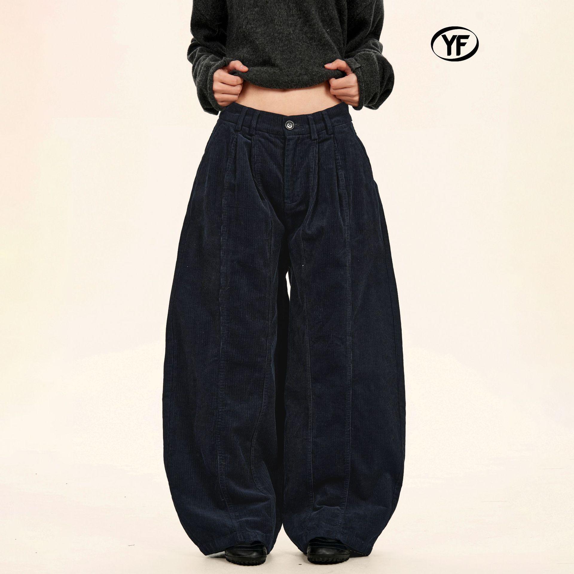 

Yongfang Unisex Retro Corduroy Wide-Leg Pants - Autumn/Winter Loose Street Style with Trendy Pleats and Scissor-Cut Design L темно-синий
