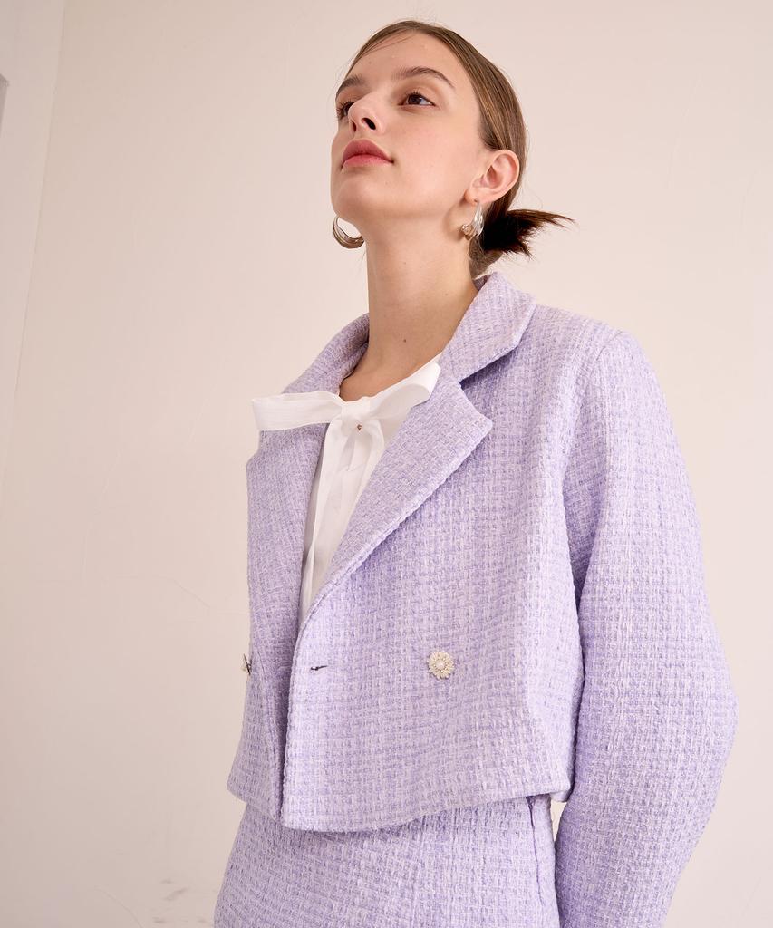 Bye Bye Seop [Set] Tweed Crop Jacket + Simple Skirt - Purple