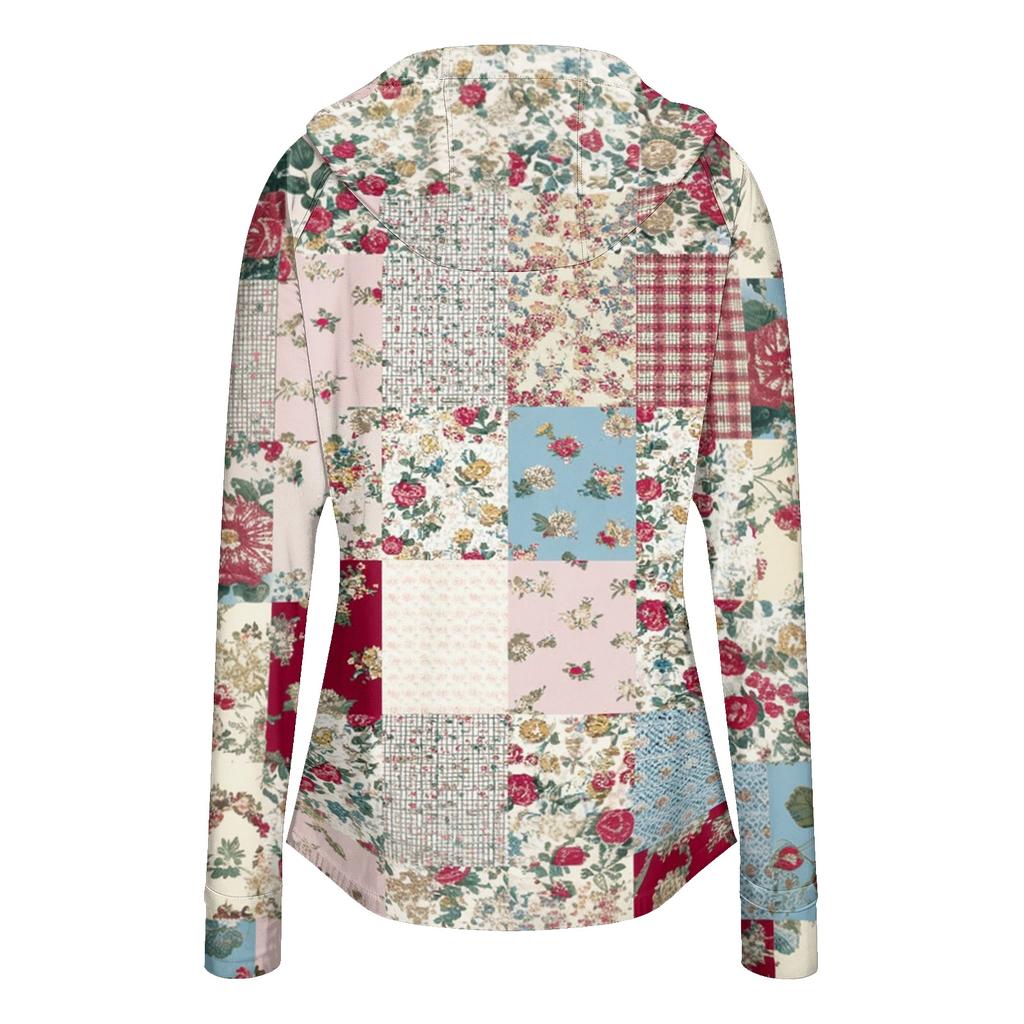 Women's Fashion Zip Up Hooded Long Sleeve Jacket With Tie- Print & Pockets