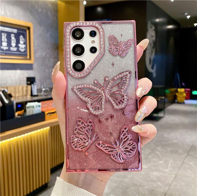 For Samsung Galaxy S25 Ultra Luxury Glitter Rhinestone Butterfly Plating Frame For Samsung S23 FE S24 S25 Plus Protective Cover