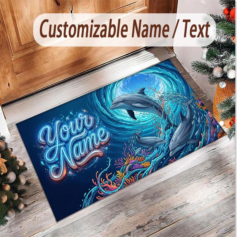 Fish Ocean Theme Soft Crystal Velvet Rug Custom Name & Text Print Non Slip Floor Rug for Bedroom Living Room