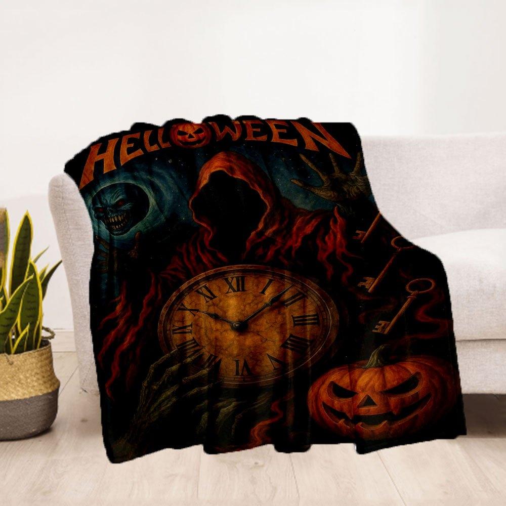 "Halloween Spooky Clock with Pumpkin and Ghost"Blanket Flannel Throw Blanket for Sofa, Bed, Travel, Camping, Office