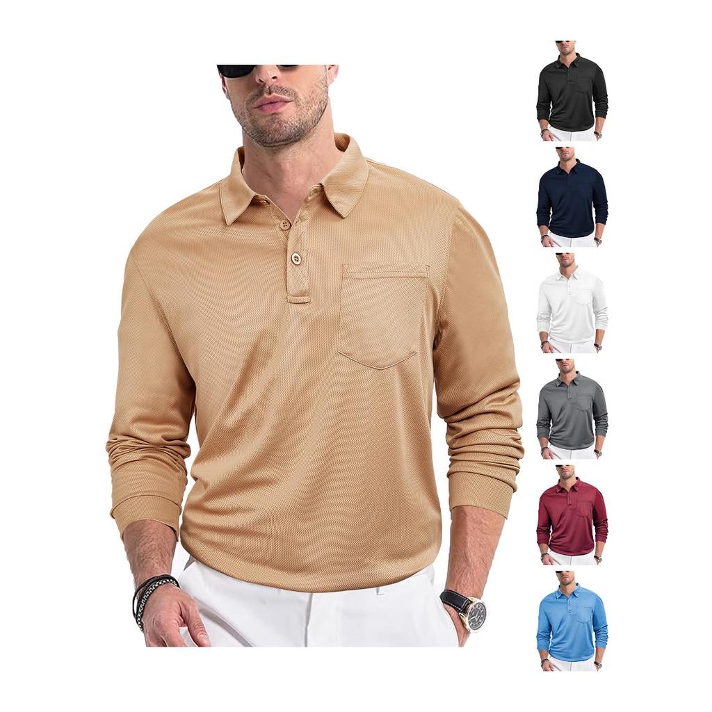 European and American Men's Casual Loose Button Placket Solid Color Long-sleeved Mesh Lapel Men's Polo Shirt Shirt