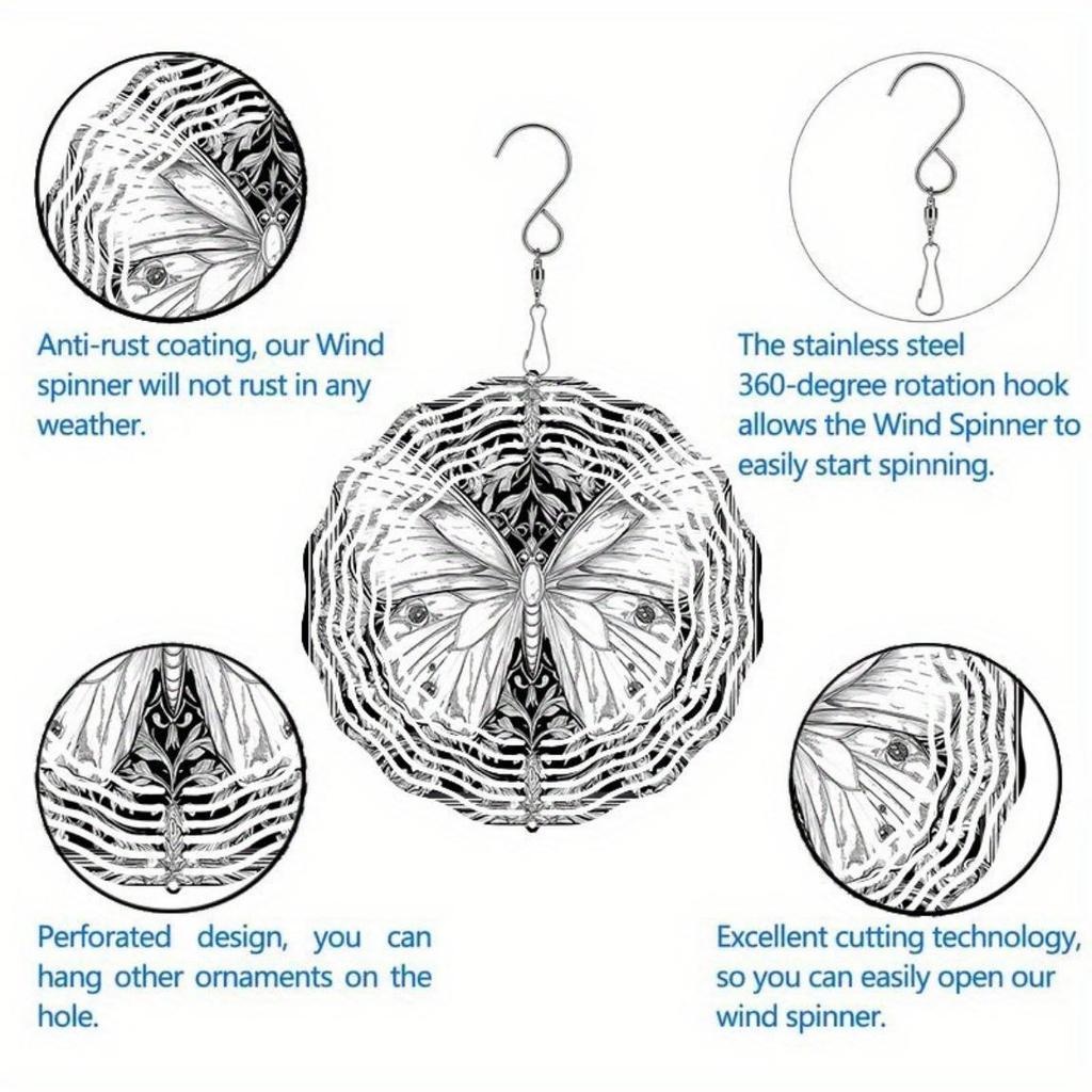 Hand-Drawn Metallic Black & White 3D Butterfly Mandala Wind Chime - Outdoor Hanging Garden Sculpture Art, No Power Needed