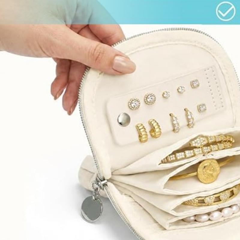 Compact Travel Jewelry Storage Case with Zip-Around Closure and Sectioned Space for Earrings Rings Necklaces Use