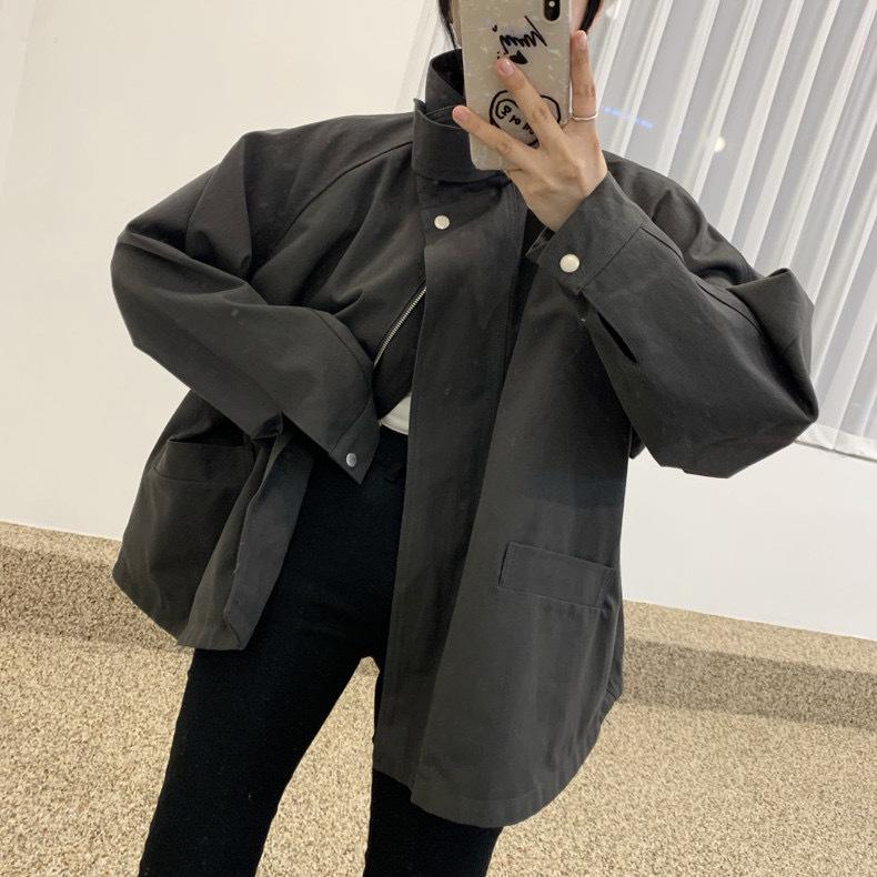 Women's Korean Autumn Retro Stand-Up Collar Cape Trench Coat with Large Pockets