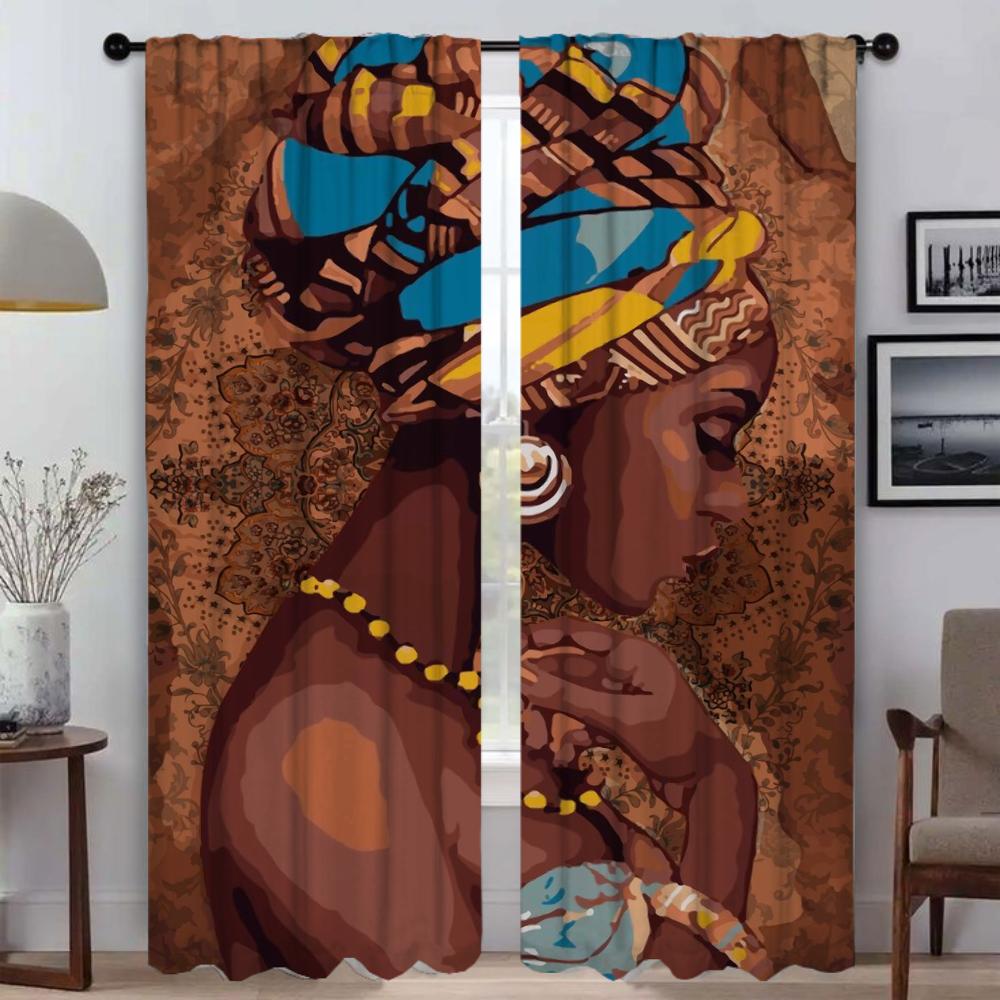 Anti-mosquito Curtains for Living Room African Woman Blackout Curtain Partition Home Interior Curtains 2 Pieces Blinds Shades