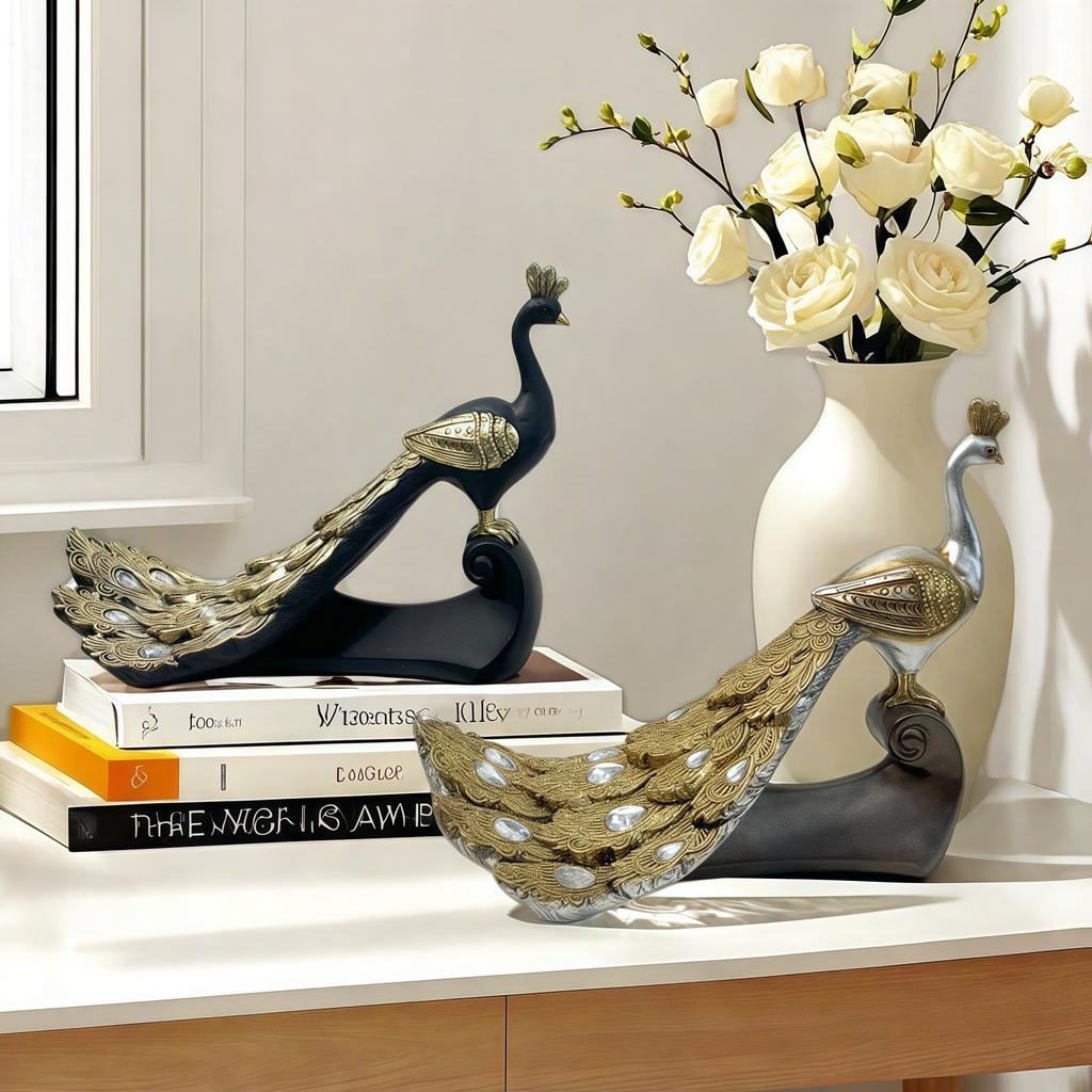 Resin Peacock Figurine Desktop Ornament Vintage Animal Statue Miniatures Bookshelf Living Room Home Decoration Collectible