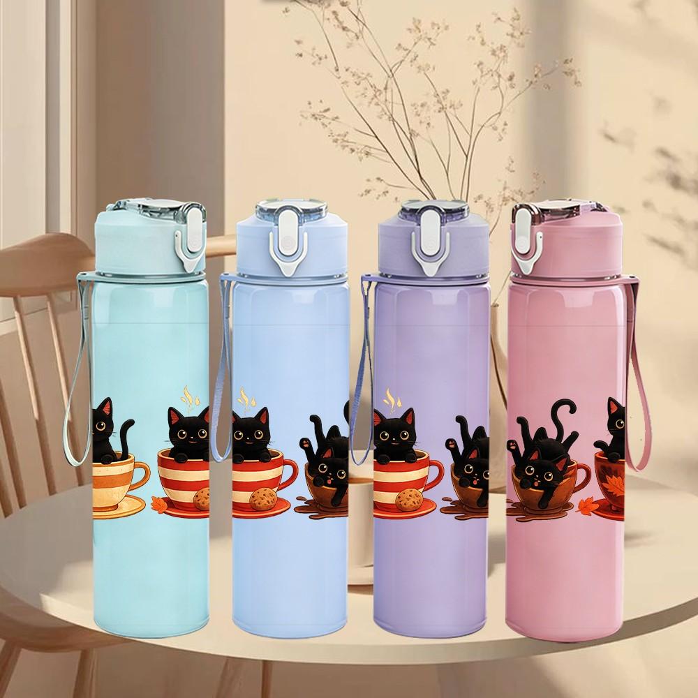 1PC Three Cats Tea Time Cartoon Print 750ml Color Plastic Sports Water Bottle Leakproof Flip Straw Lid Suitable for Sports Office Home Use