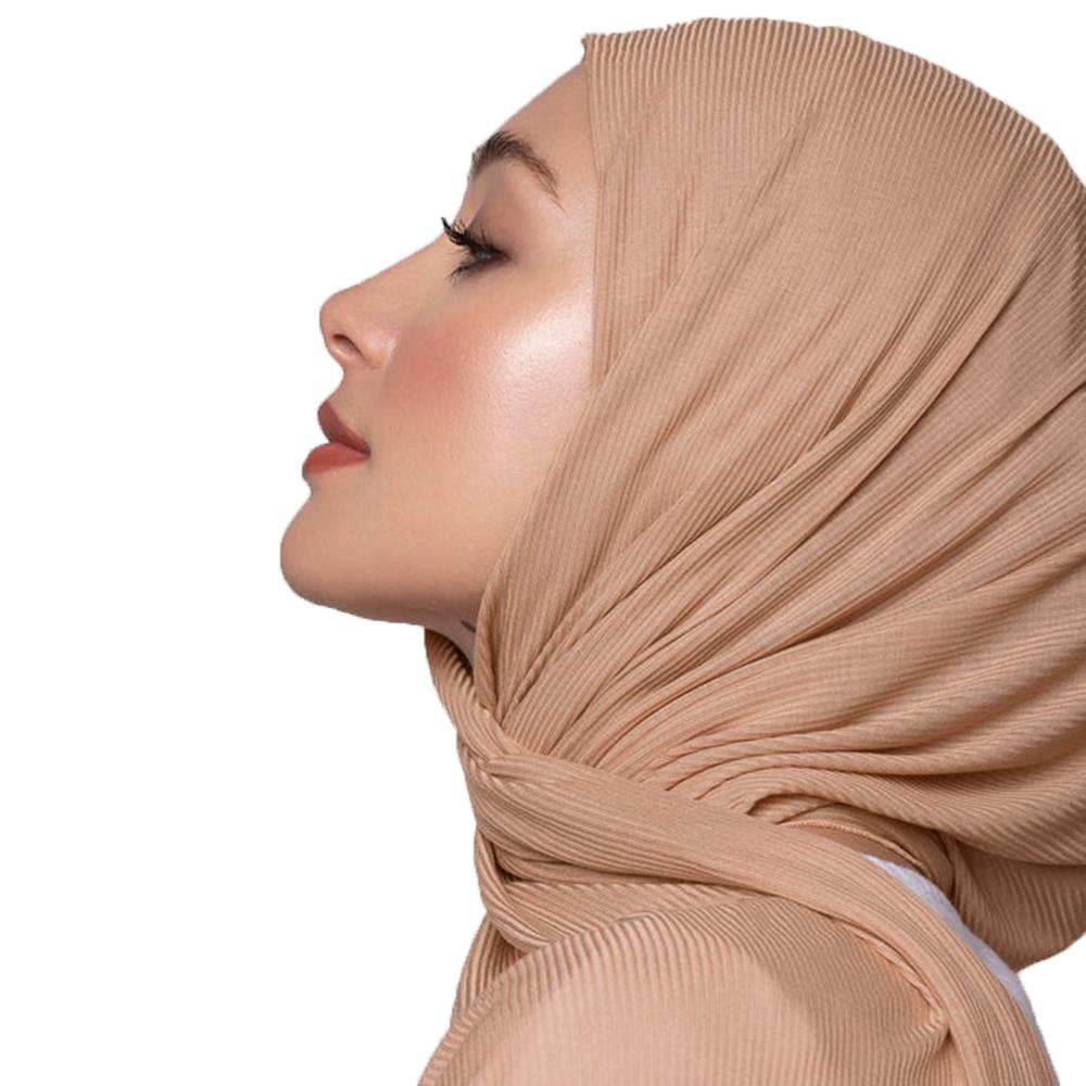 Žebrovaný bavlněný žerzejový hidžáb šátek dlouhá šála dámský muslimský šátek na hlavu ovinovačky pruhovaná čelenka maxi turban pružná plisovaná bandana