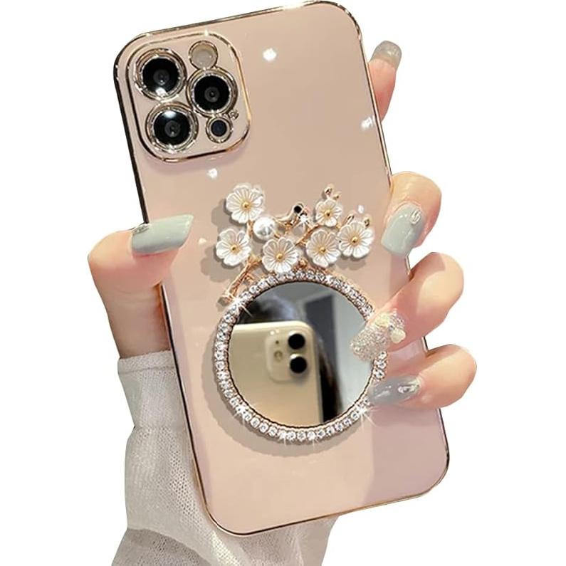 Compatible with iPhone Case,Glitter Diamond Mirror Makeup Bling Flower Floral Electroplated Bumper Camera Lens Protection Soft Shockproof Cover Phone