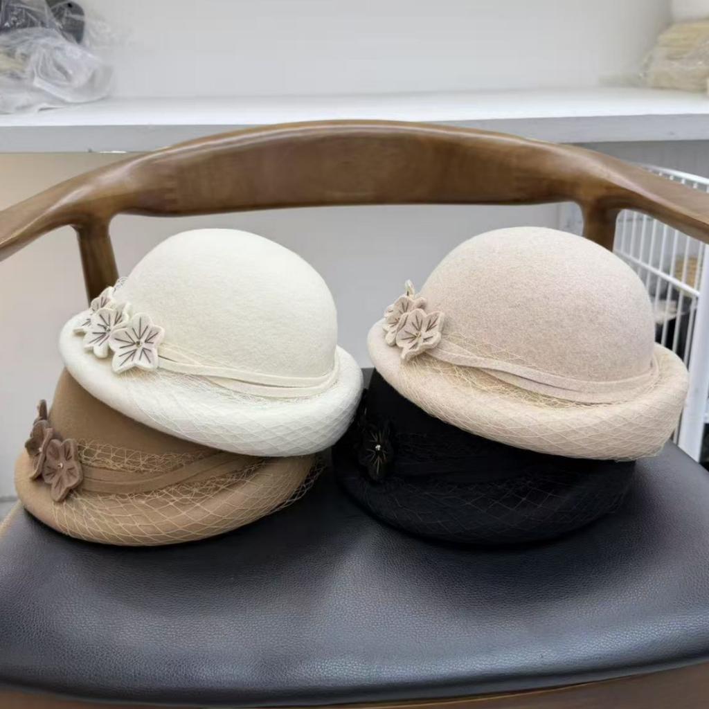 Elegant woolen top hat autumn and winter new bucket hat women's fashion retro pearl flower curling