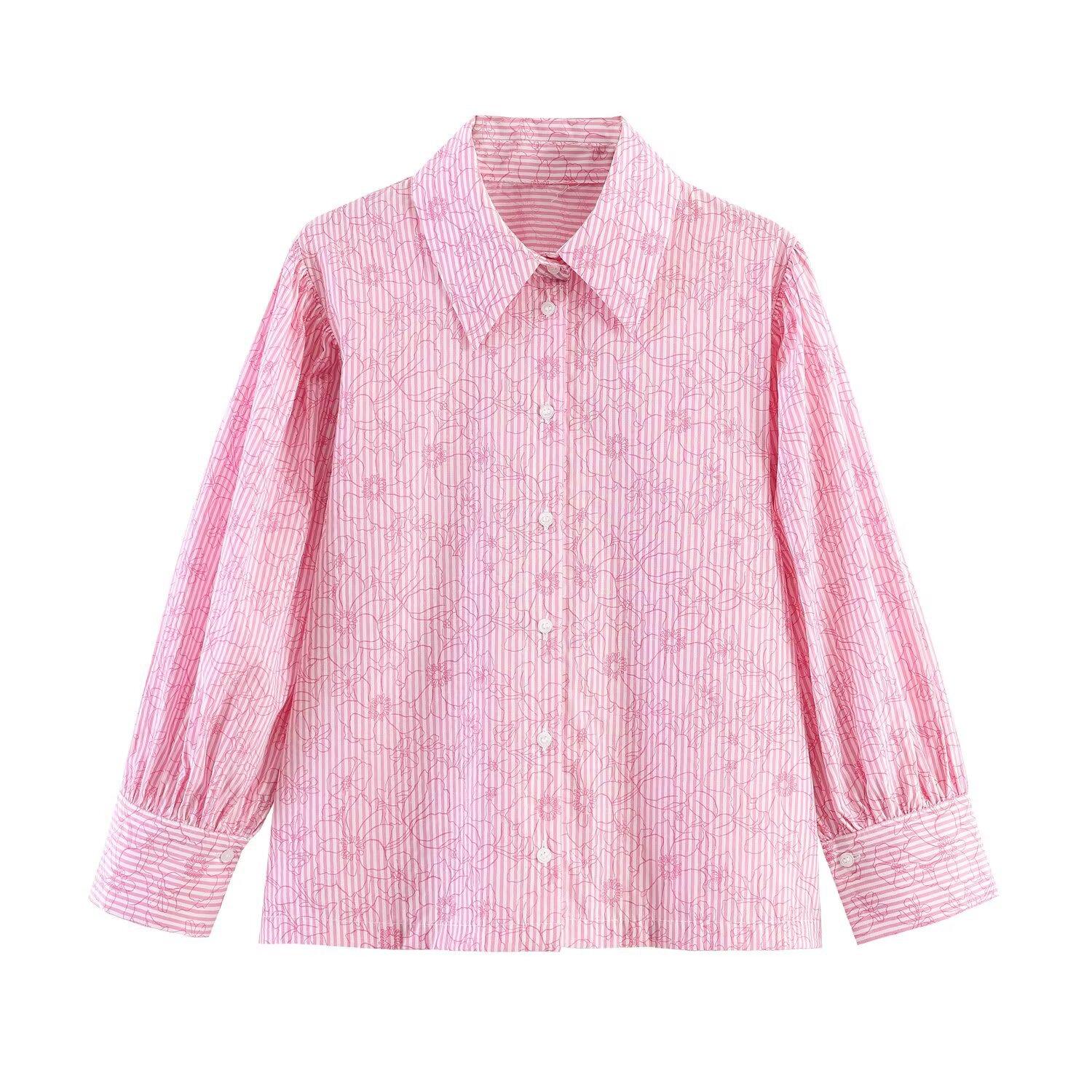 European and American style, new women s clothing, foreign style, fashionable flower print striped shirt 3564076 XS