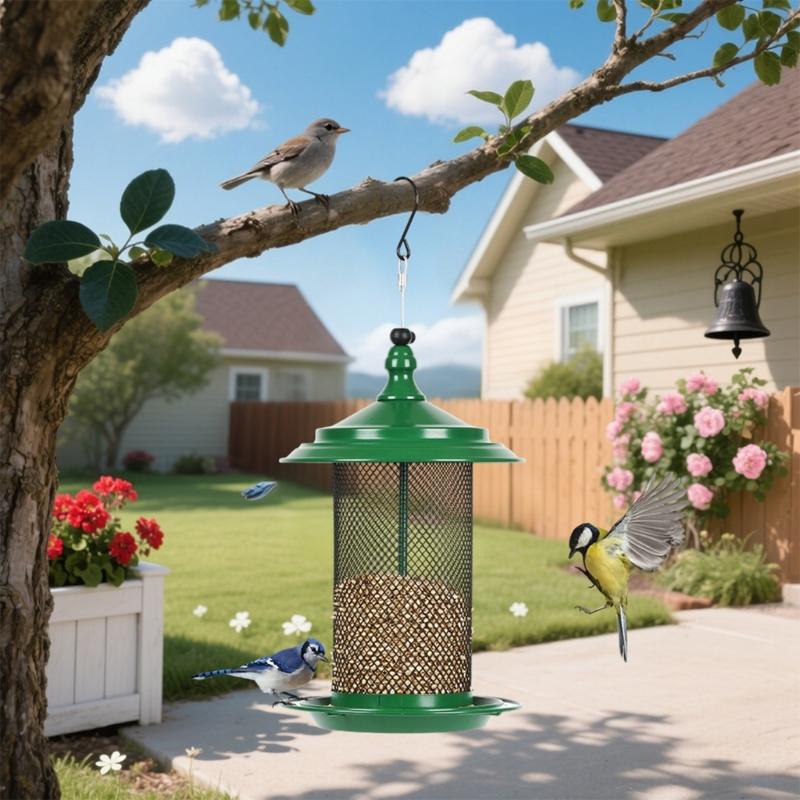 Squirrels Proof Outdoor Bird Feeder Metal Construction Feeding Ports Weatherproof Roof Design For Finches