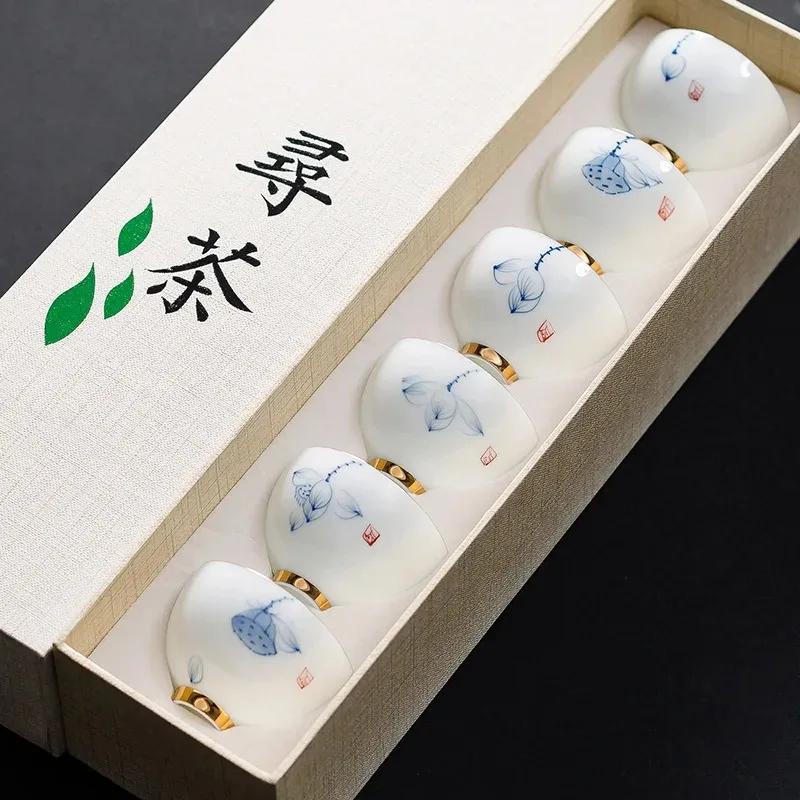 Ceramic Hand-painted Tea Cups Home Master Cups White Porcelain Tea Sets Kung Fu Small Tea Cups 6 Sets