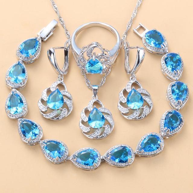 

Серьги-подвески с синим сапфиром, ожерелье и кольцо, женский комплект 10