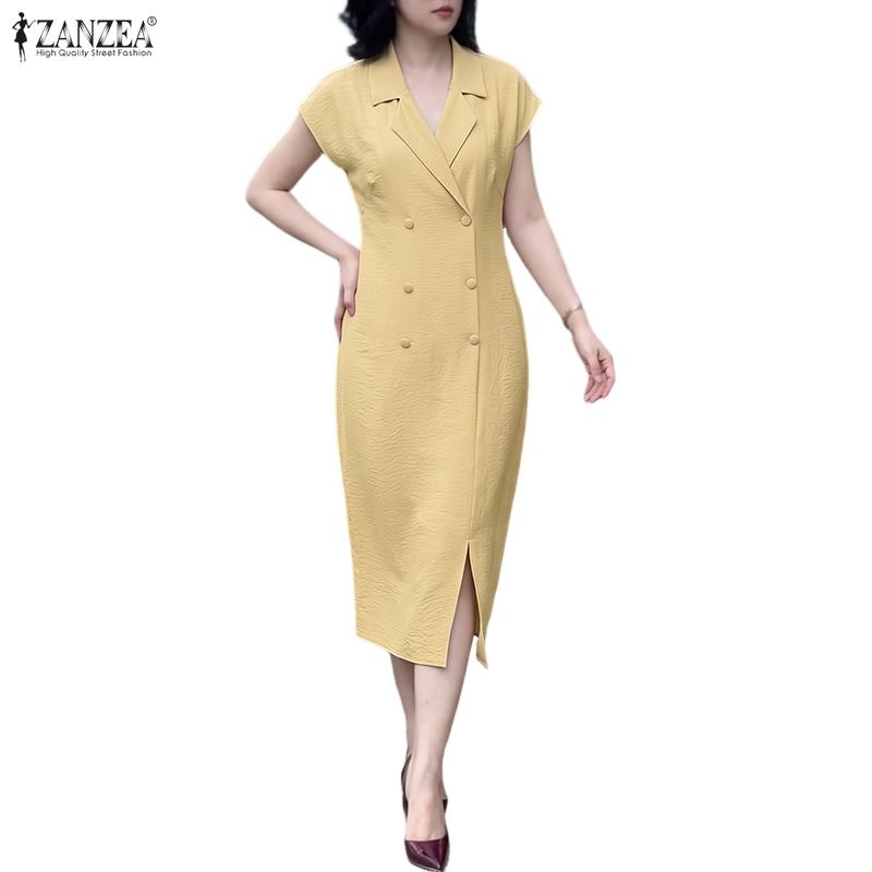 ZANZEA Elegantes lässiges Etuikleid für Damen mit Umlegekragen und kurzen Ärmeln