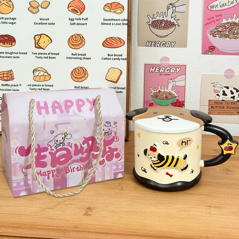 Smart Dachshund Dog Ceramic Cup Mug with Lid Student Water Cup Home Souvenir Birthday Gift Couple Cup